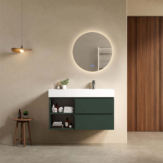 Mobile bagno sospeso 100 cm Verde Comodoro Lavabo a Destra in Resina Specchio Tondo Retroilluminato - Fiji Paint Plus