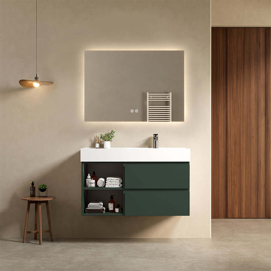 Mobile bagno sospeso 100 cm Verde Comodoro Lavabo a Destra in Resina Specchio Quadro Retroilluminato - Fiji Paint Plus