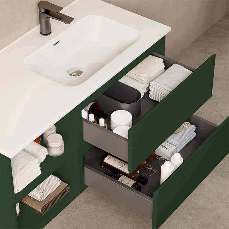 Mobile bagno sospeso 100 cm Verde Comodoro Lavabo a Destra in Ceramica Specchio Tondo - Fiji Paint Plus