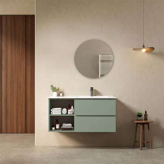 Mobile bagno sospeso 100 cm Verde Salvia Lavabo a Destra in Ceramica Specchio Tondo - Fiji Paint Plus