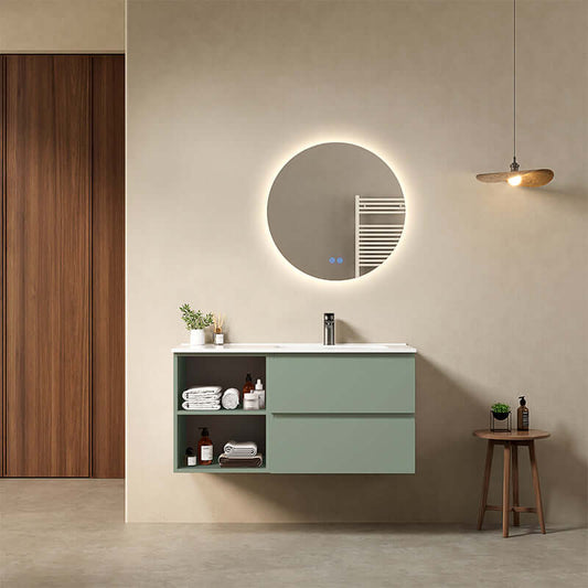 Mobile bagno sospeso 100 cm Verde Salvia Lavabo a Destra in Ceramica Specchio Tondo Retroilluminato - Fiji Paint Plus