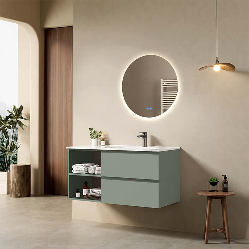 Mobile bagno sospeso 100 cm Verde Salvia Lavabo a Destra in Ceramica Specchio Tondo Retroilluminato - Fiji Paint Plus