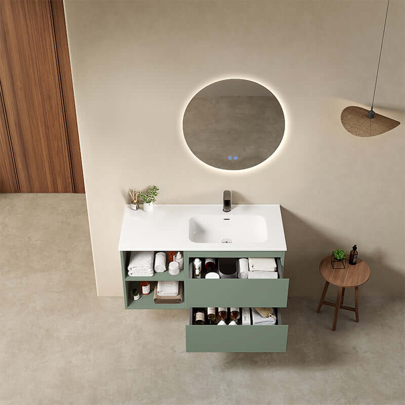Mobile bagno sospeso 100 cm Verde Salvia Lavabo a Destra in Ceramica Specchio Tondo Retroilluminato - Fiji Paint Plus