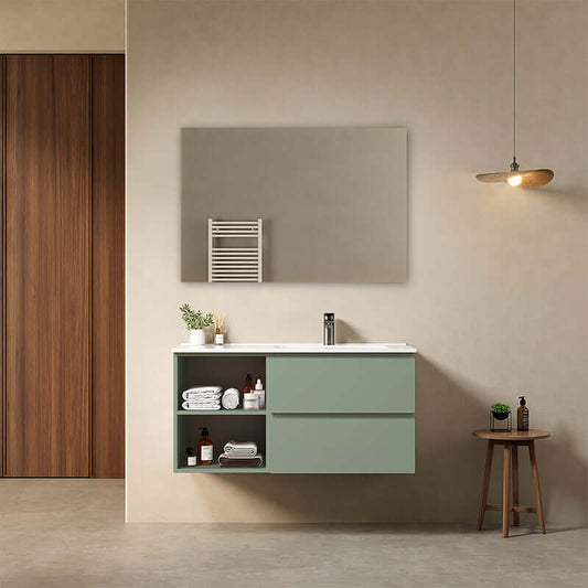 Mobile bagno sospeso 100 cm Verde Salvia Lavabo a Destra in Ceramica Specchio Quadro - Fiji Paint Plus