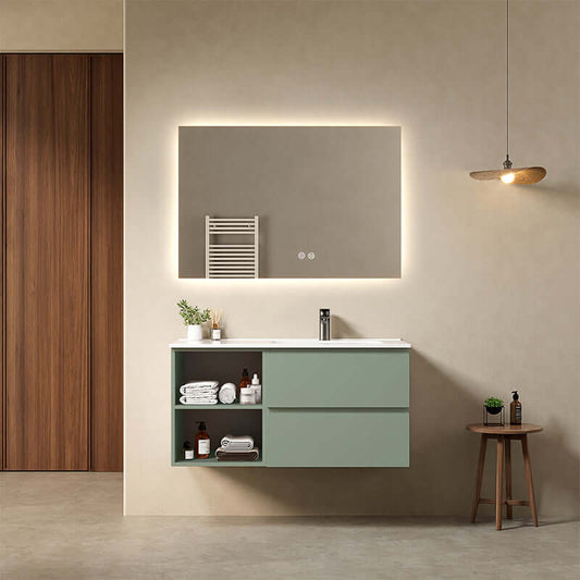 Mobile bagno sospeso 100 cm Verde Salvia Lavabo a Destra in Ceramica Specchio Quadro Retroilluminato - Fiji Paint Plus