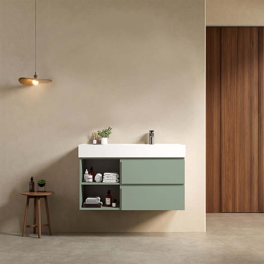 Mobile bagno sospeso 100 cm Verde Salvia Lavabo a Destra in Resina Senza Specchio - Fiji Paint Plus