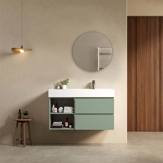 Mobile bagno sospeso 100 cm Verde Salvia Lavabo a Destra in Resina Specchio Tondo - Fiji Paint Plus