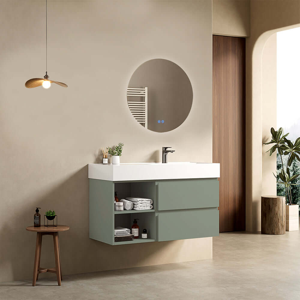 Mobile bagno sospeso 100 cm Verde Salvia Lavabo a Destra in Resina Specchio Tondo Retroilluminato - Fiji Paint Plus
