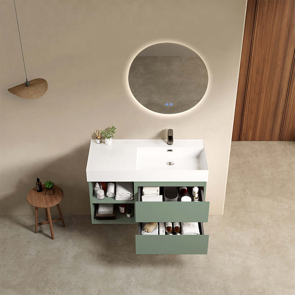 Mobile bagno sospeso 100 cm Verde Salvia Lavabo a Destra in Resina Specchio Tondo Retroilluminato - Fiji Paint Plus