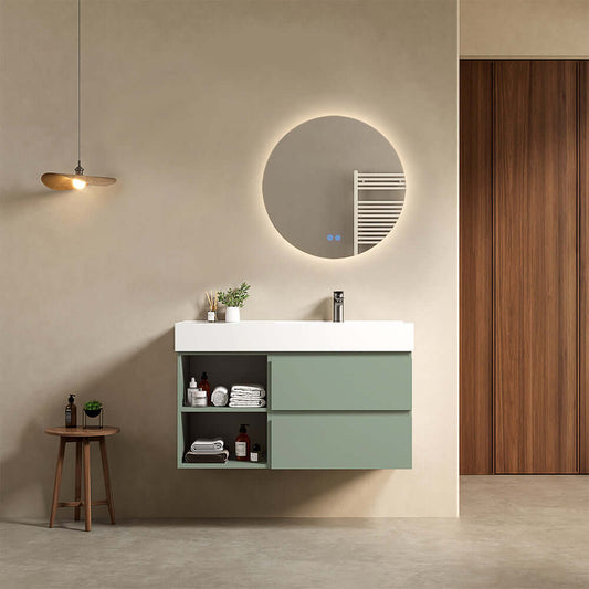 Mobile bagno sospeso 100 cm Verde Salvia Lavabo a Destra in Resina Specchio Tondo Retroilluminato - Fiji Paint Plus