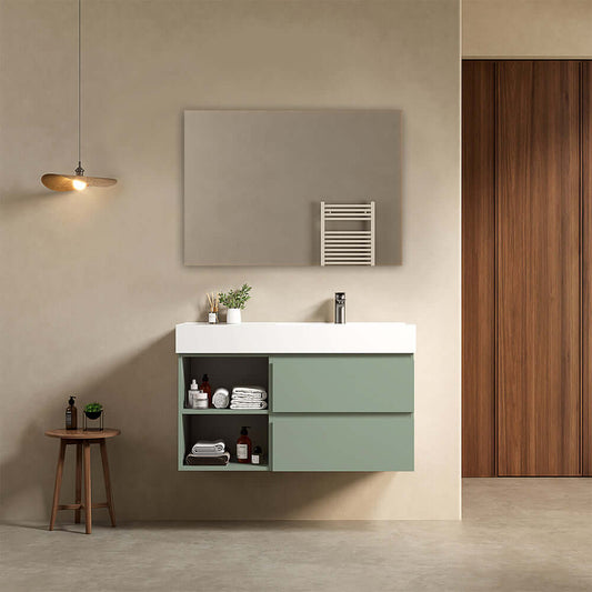 Mobile bagno sospeso 100 cm Verde Salvia Lavabo a Destra in Resina Specchio Quadro - Fiji Paint Plus