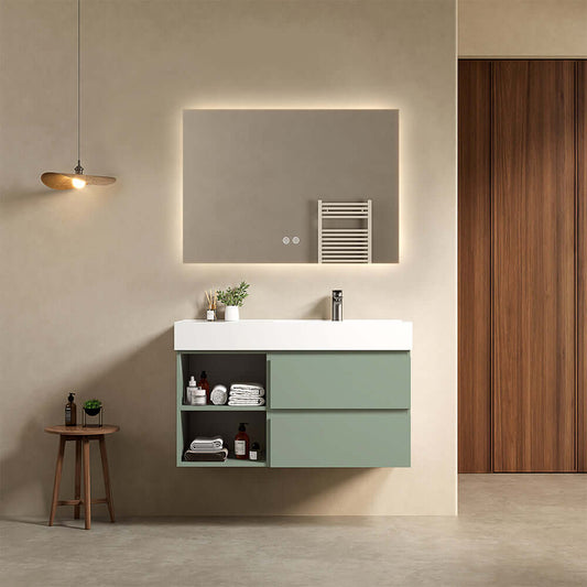 Mobile bagno sospeso 100 cm Verde Salvia Lavabo a Destra in Resina Specchio Quadro Retroilluminato - Fiji Paint Plus