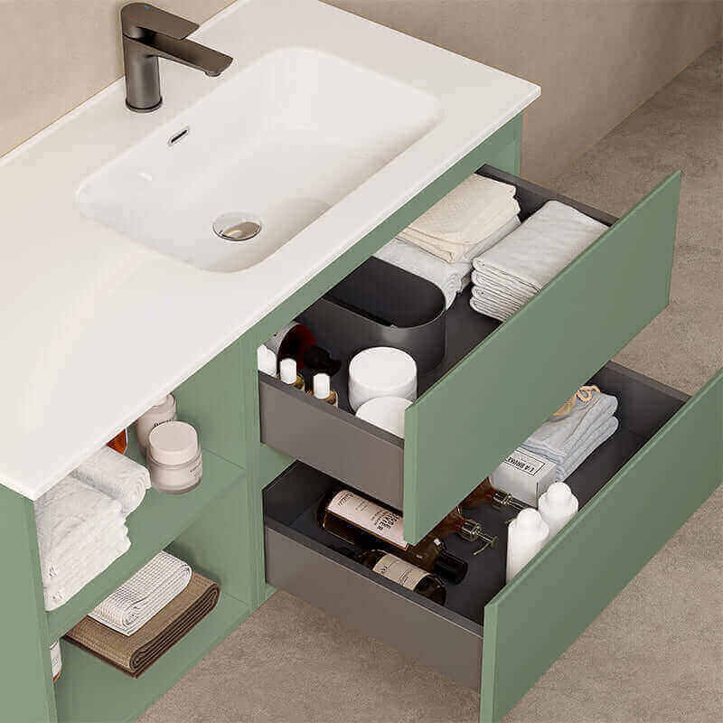 Mobile bagno sospeso 100 cm Verde Salvia Lavabo a Destra in Ceramica Specchio Quadro Retroilluminato - Fiji Paint Plus