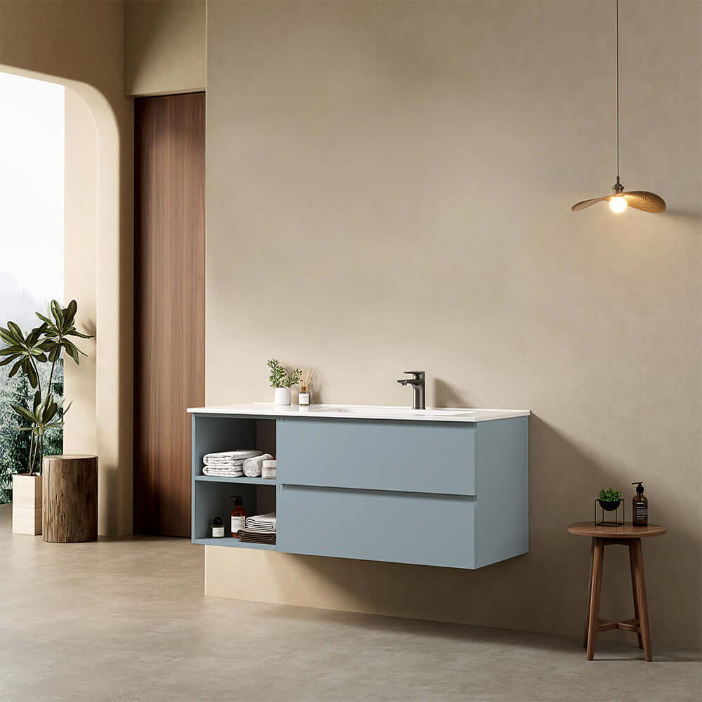 Mobile bagno sospeso 120 cm Blu Avio Lavabo a Destra in Ceramica Senza Specchio - Fiji Paint Plus