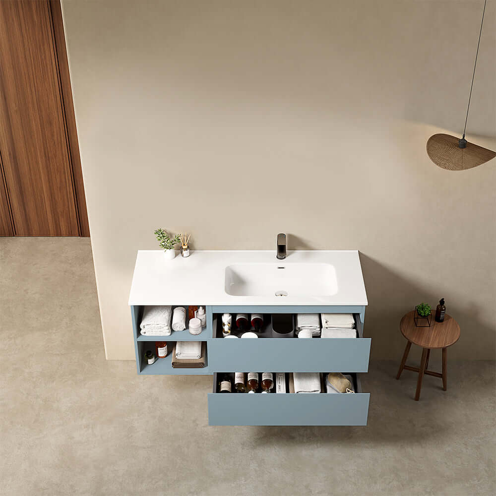Mobile bagno sospeso 120 cm Blu Avio Lavabo a Destra in Ceramica Senza Specchio - Fiji Paint Plus