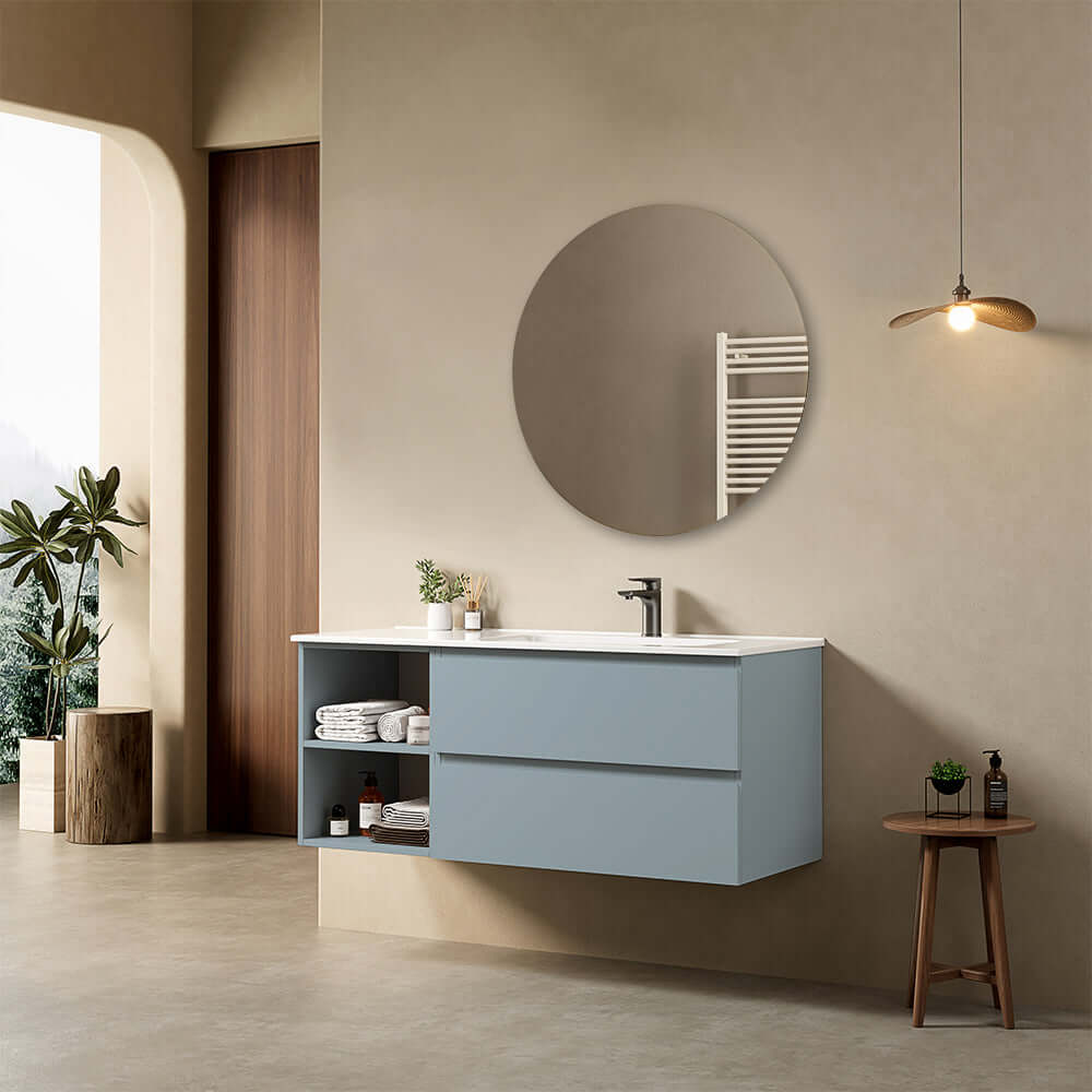 Mobile bagno sospeso 120 cm Blu Avio Lavabo a Destra in Ceramica Specchio Tondo - Fiji Paint Plus
