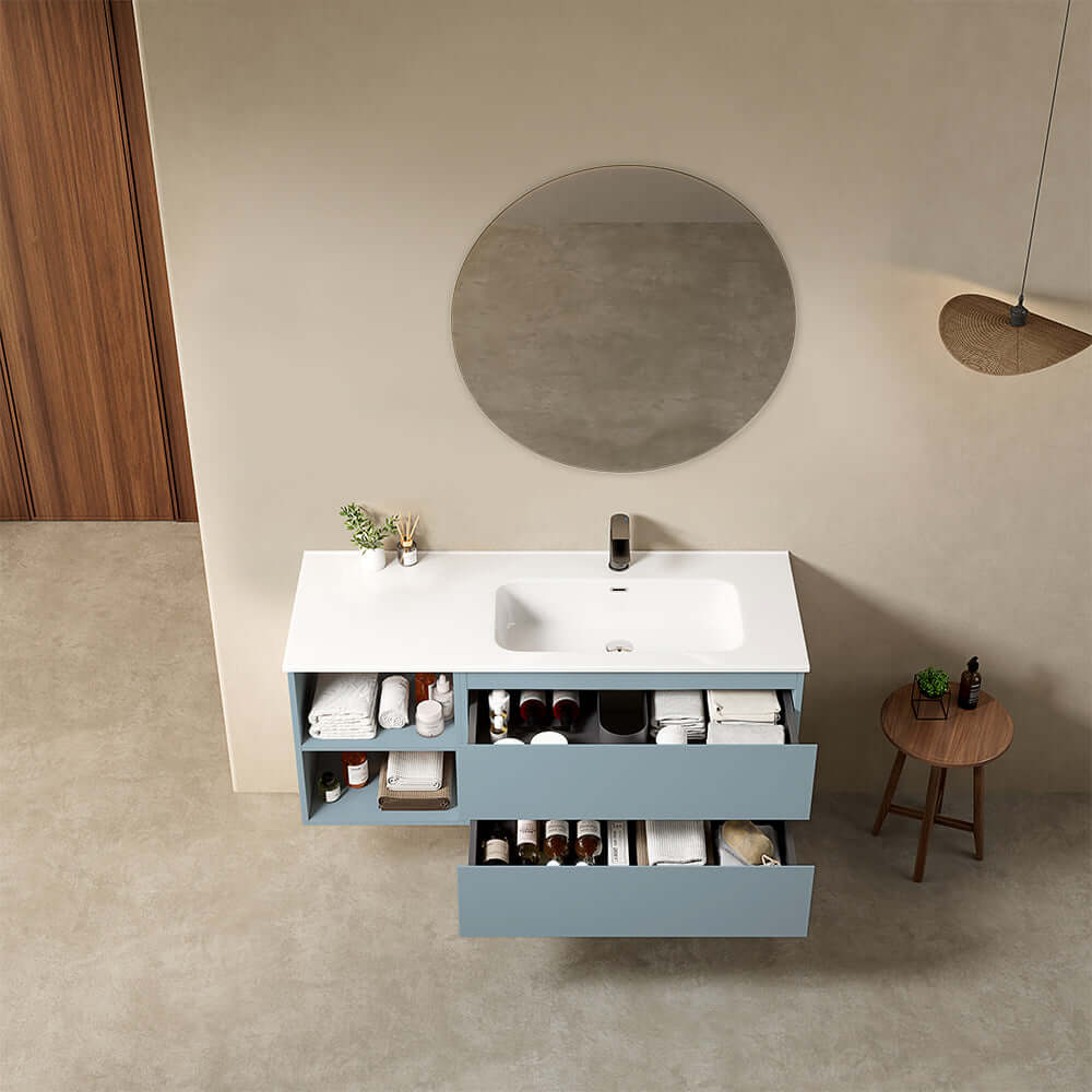 Mobile bagno sospeso 120 cm Blu Avio Lavabo a Destra in Ceramica Specchio Tondo - Fiji Paint Plus