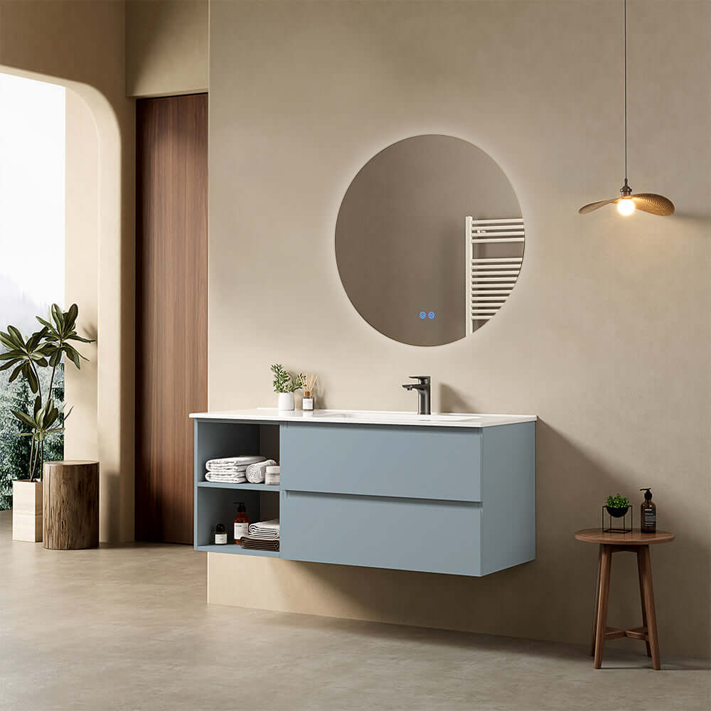 Mobile bagno sospeso 120 cm Blu Avio Lavabo a Destra in Ceramica Specchio Tondo Retroilluminato - Fiji Paint Plus