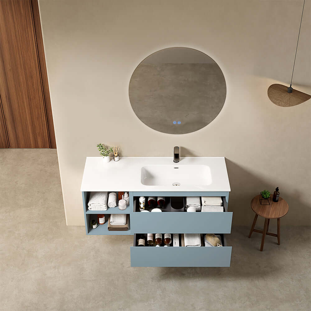 Mobile bagno sospeso 120 cm Blu Avio Lavabo a Destra in Ceramica Specchio Tondo Retroilluminato - Fiji Paint Plus