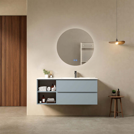 Mobile bagno sospeso 120 cm Blu Avio Lavabo a Destra in Ceramica Specchio Tondo Retroilluminato - Fiji Paint Plus