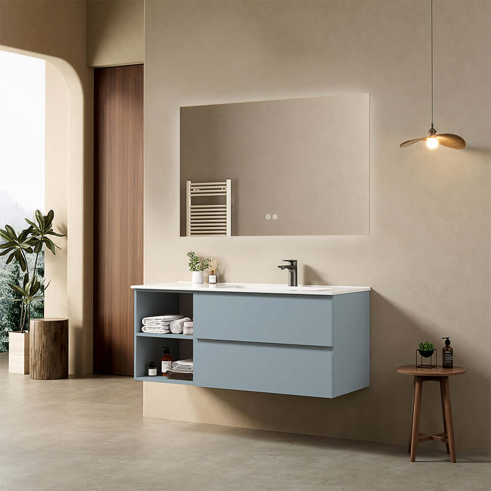 Mobile bagno sospeso 120 cm Blu Avio Lavabo a Destra in Ceramica Specchio Quadro Retroilluminato - Fiji Paint Plus