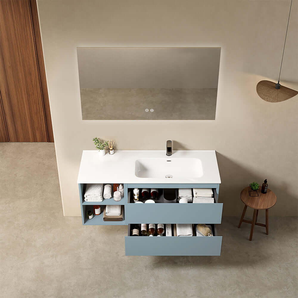 Mobile bagno sospeso 120 cm Blu Avio Lavabo a Destra in Ceramica Specchio Quadro Retroilluminato - Fiji Paint Plus