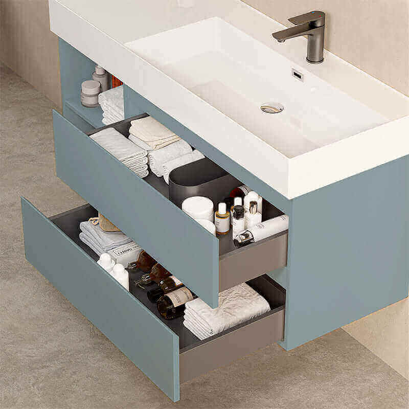 Mobile bagno sospeso 120 cm Blu Avio Lavabo a Destra in Resina Specchio Quadro Retroilluminato - Fiji Paint Plus