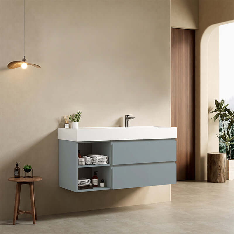 Mobile bagno sospeso 120 cm Blu Avio Lavabo a Destra in Resina Senza Specchio - Fiji Paint Plus