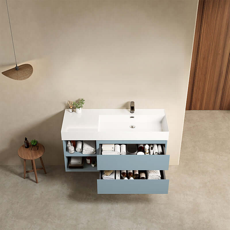 Mobile bagno sospeso 120 cm Blu Avio Lavabo a Destra in Resina Senza Specchio - Fiji Paint Plus