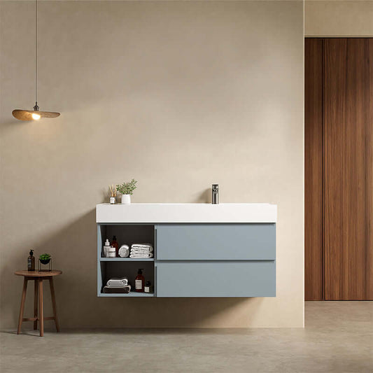 Mobile bagno sospeso 120 cm Blu Avio Lavabo a Destra in Resina Senza Specchio - Fiji Paint Plus