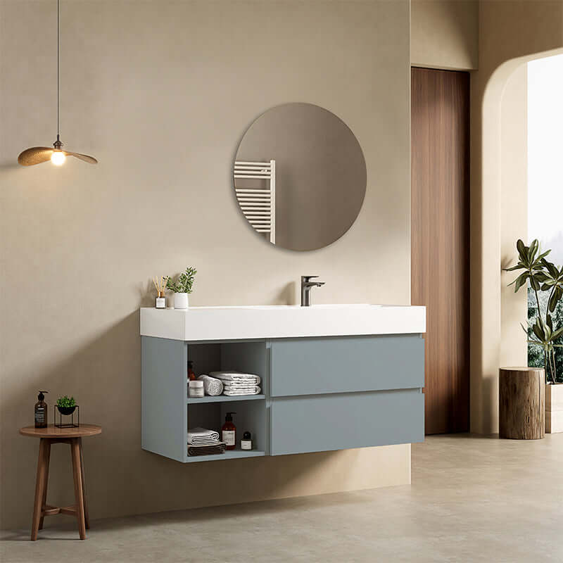 Mobile bagno sospeso 120 cm Blu Avio Lavabo a Destra in Resina Specchio Tondo - Fiji Paint Plus