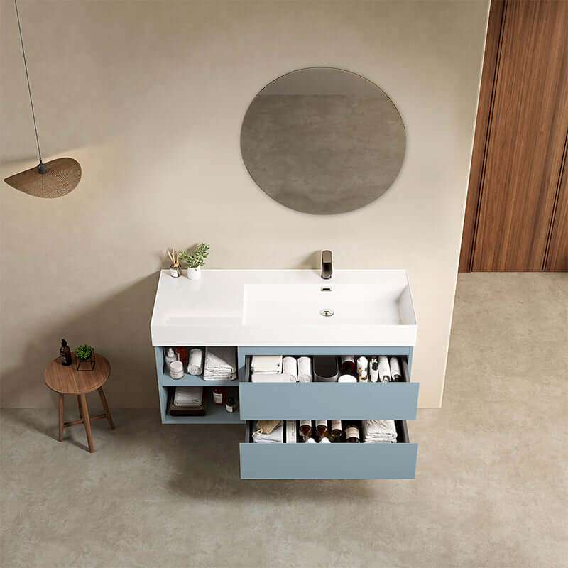 Mobile bagno sospeso 120 cm Blu Avio Lavabo a Destra in Resina Specchio Tondo - Fiji Paint Plus