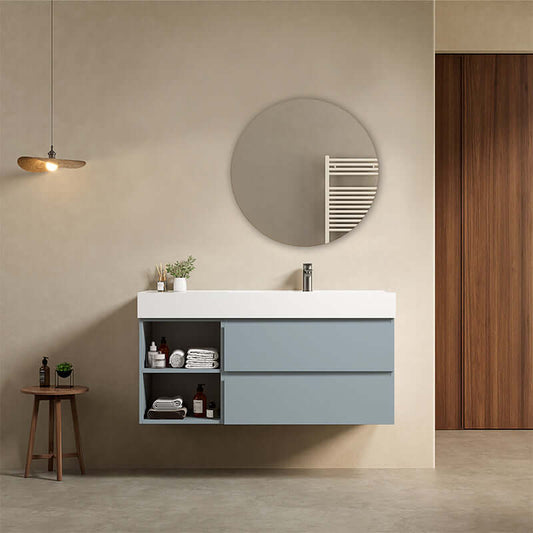 Mobile bagno sospeso 120 cm Blu Avio Lavabo a Destra in Resina Specchio Tondo - Fiji Paint Plus