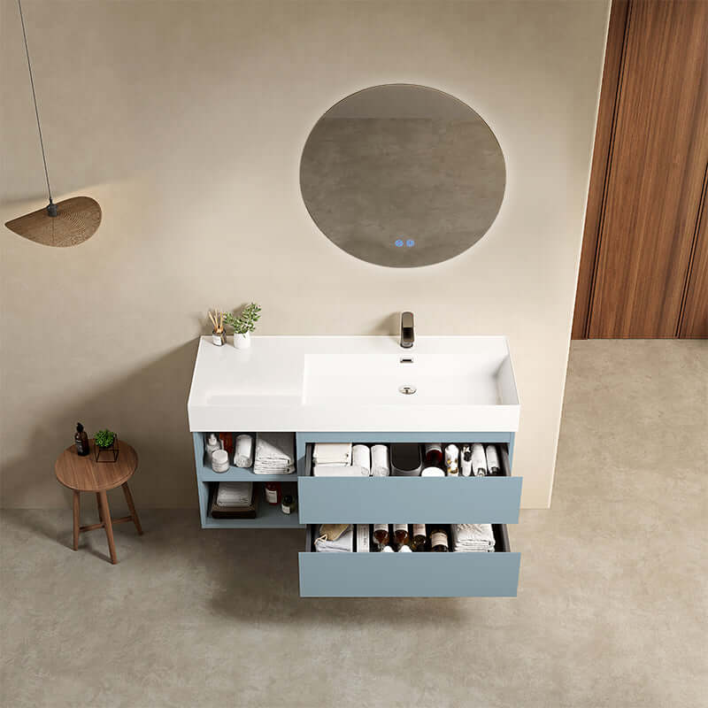 Mobile bagno sospeso 120 cm Blu Avio Lavabo a Destra in Resina Specchio Tondo Retroilluminato - Fiji Paint Plus