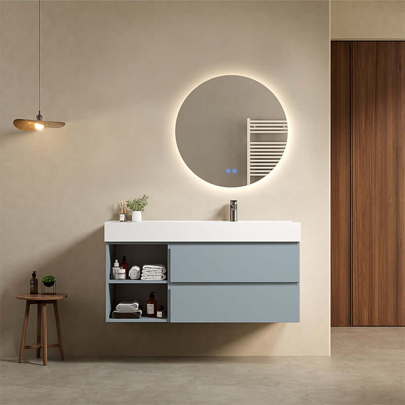 Mobile bagno sospeso 120 cm Blu Avio Lavabo a Destra in Resina Specchio Tondo Retroilluminato - Fiji Paint Plus