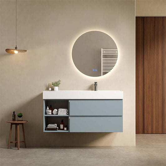 Mobile bagno sospeso 120 cm Blu Avio Lavabo a Destra in Resina Specchio Tondo Retroilluminato - Fiji Paint Plus