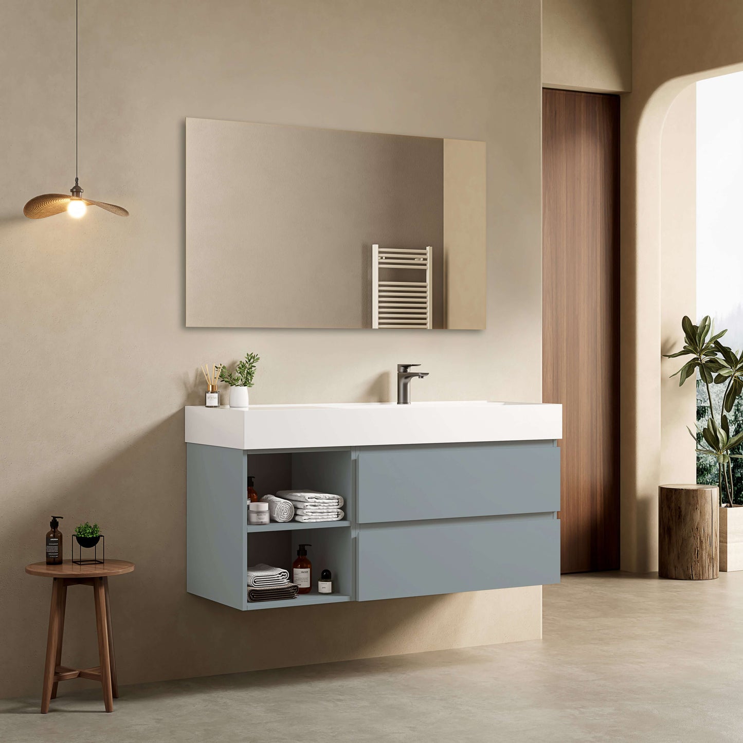 Mobile bagno sospeso 120 cm Blu Avio Lavabo a Sinistra in Resina Specchio Tondo - Fiji Paint Plus