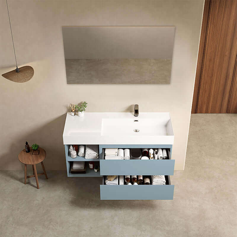 Mobile bagno sospeso 120 cm Blu Avio Lavabo a Sinistra in Resina Specchio Tondo - Fiji Paint Plus