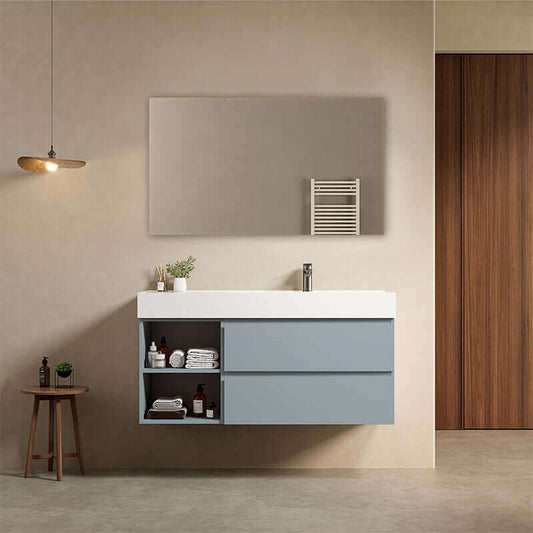 Mobile bagno sospeso 120 cm Blu Avio Lavabo a Destra in Resina Specchio Quadro - Fiji Paint Plus