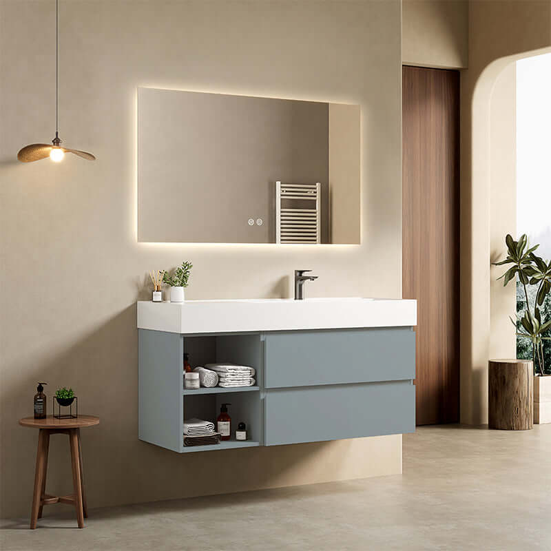 Mobile bagno sospeso 120 cm Blu Avio Lavabo a Destra in Resina Specchio Quadro Retroilluminato - Fiji Paint Plus