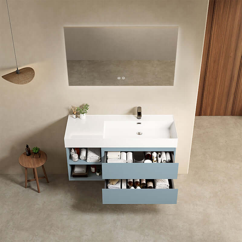 Mobile bagno sospeso 120 cm Blu Avio Lavabo a Destra in Resina Specchio Quadro Retroilluminato - Fiji Paint Plus