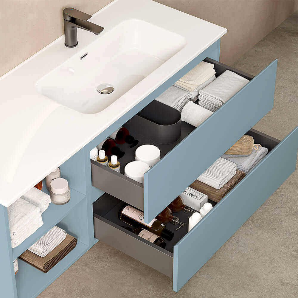Mobile bagno sospeso 120 cm Blu Avio Lavabo a Destra in Ceramica Specchio Quadro - Fiji Paint Plus