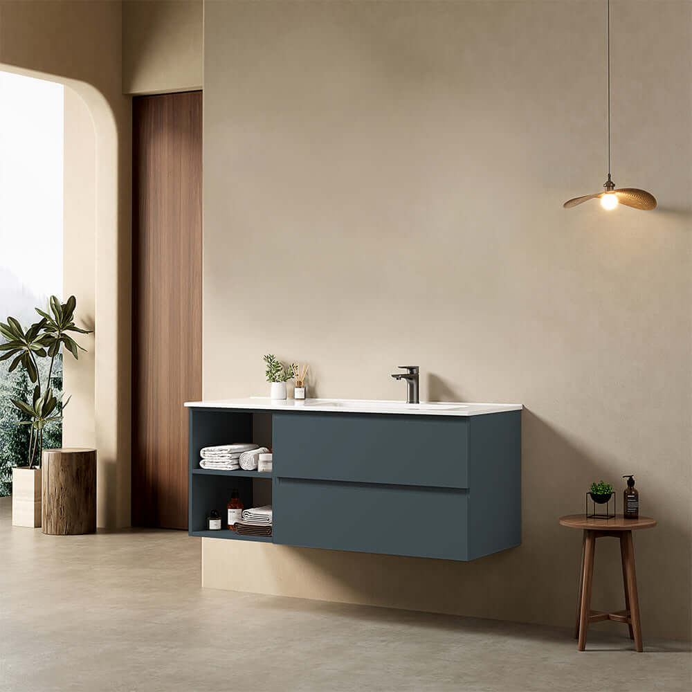 Mobile bagno sospeso 120 cm Blu Mare Lavabo a Destra in Ceramica Senza Specchio - Fiji Paint Plus