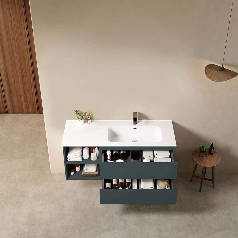 Mobile bagno sospeso 120 cm Blu Mare Lavabo a Destra in Ceramica Senza Specchio - Fiji Paint Plus