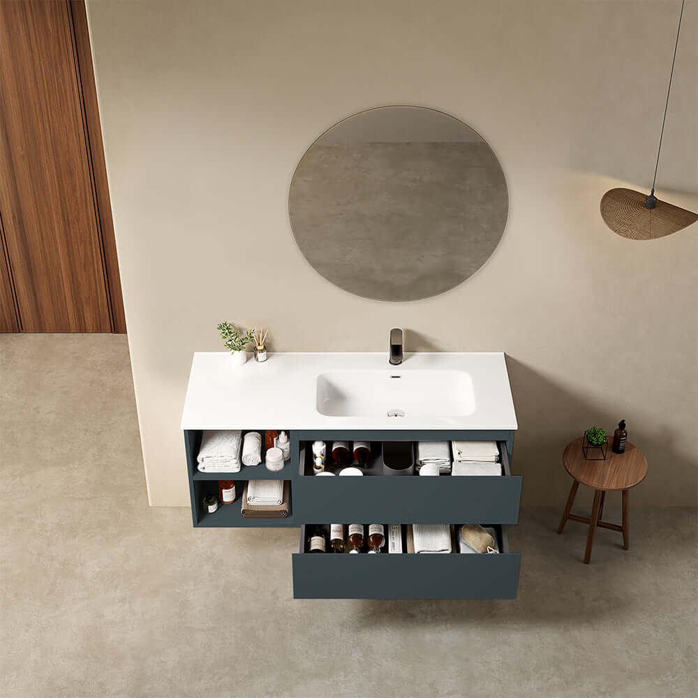 Mobile bagno sospeso 120 cm Blu Mare Lavabo a Destra in Ceramica Specchio Tondo - Fiji Paint Plus
