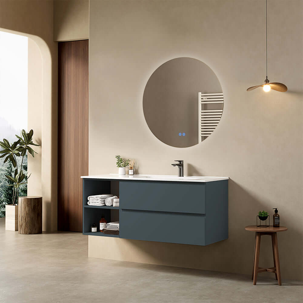 Mobile bagno sospeso 120 cm Blu Mare Lavabo a Destra in Ceramica Specchio Tondo Retroilluminato - Fiji Paint Plus