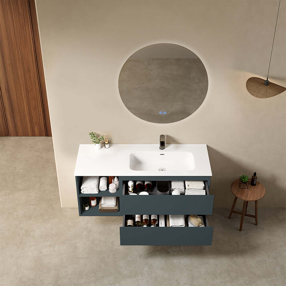 Mobile bagno sospeso 120 cm Blu Mare Lavabo a Destra in Ceramica Specchio Tondo Retroilluminato - Fiji Paint Plus