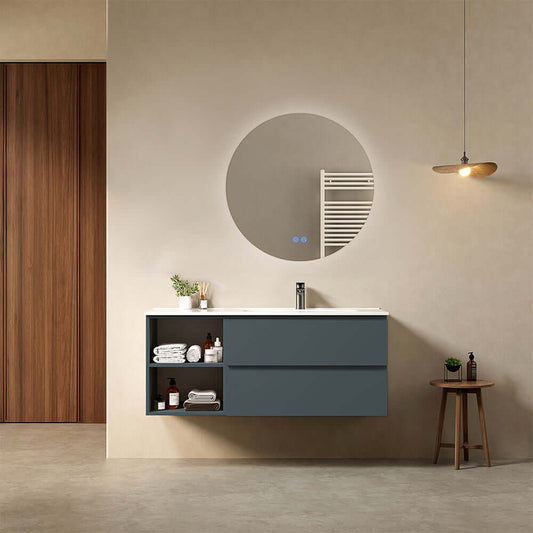 Mobile bagno sospeso 120 cm Blu Mare Lavabo a Destra in Ceramica Specchio Tondo Retroilluminato - Fiji Paint Plus