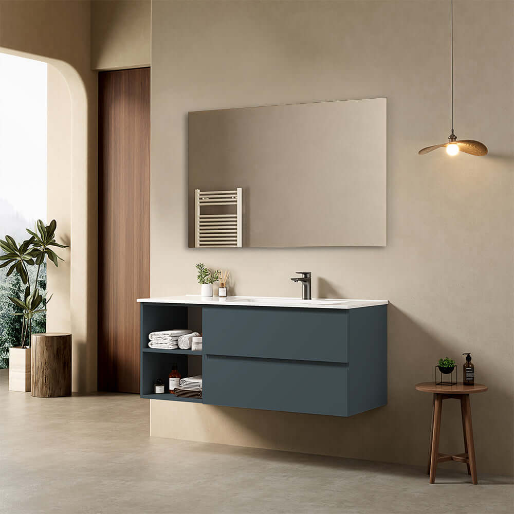 Mobile bagno sospeso 120 cm Blu Mare Lavabo a Destra in Ceramica Specchio Quadro - Fiji Paint Plus