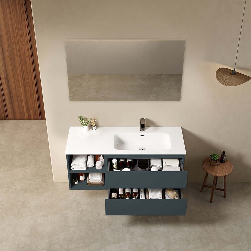Mobile bagno sospeso 120 cm Blu Mare Lavabo a Destra in Ceramica Specchio Quadro - Fiji Paint Plus